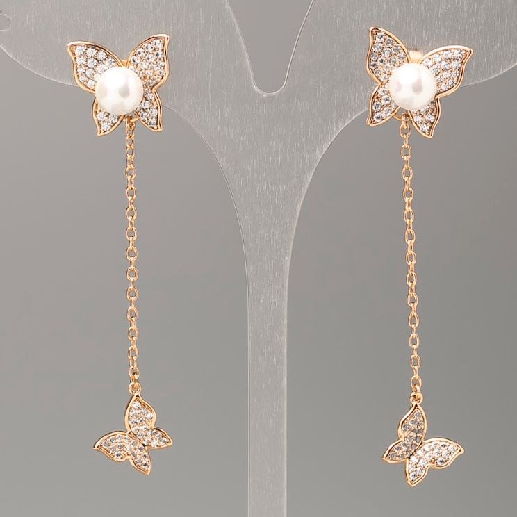 Xuping Earrings - Butterfly with Majorca Pearls and White Stones, 13x13 mm, Length 6 cm, 18K Gold Plating