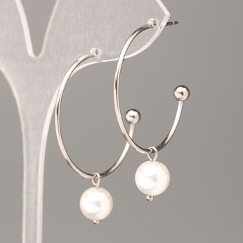 Xuping Earrings with White Mallorca Pearl Bead, 30x8 mm, Rhodium-Plated