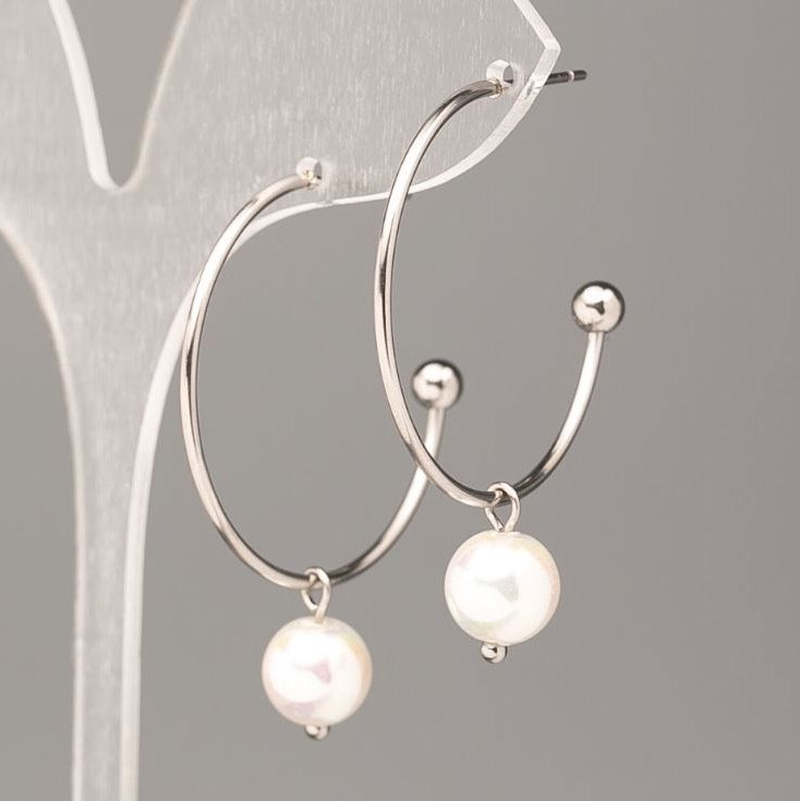 Xuping Earrings with White Mallorca Pearl Bead, 30x8 mm, Rhodium-Plated
