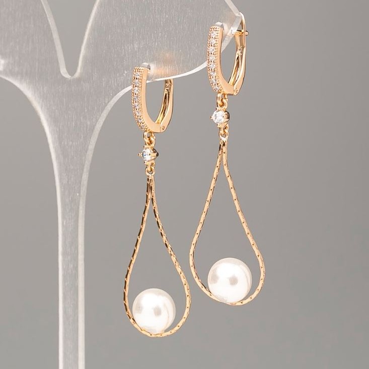 Xuping Earrings with Mallorca Pearl Bead, 8 mm Diameter, 5 cm Length, 18K Gold Plating