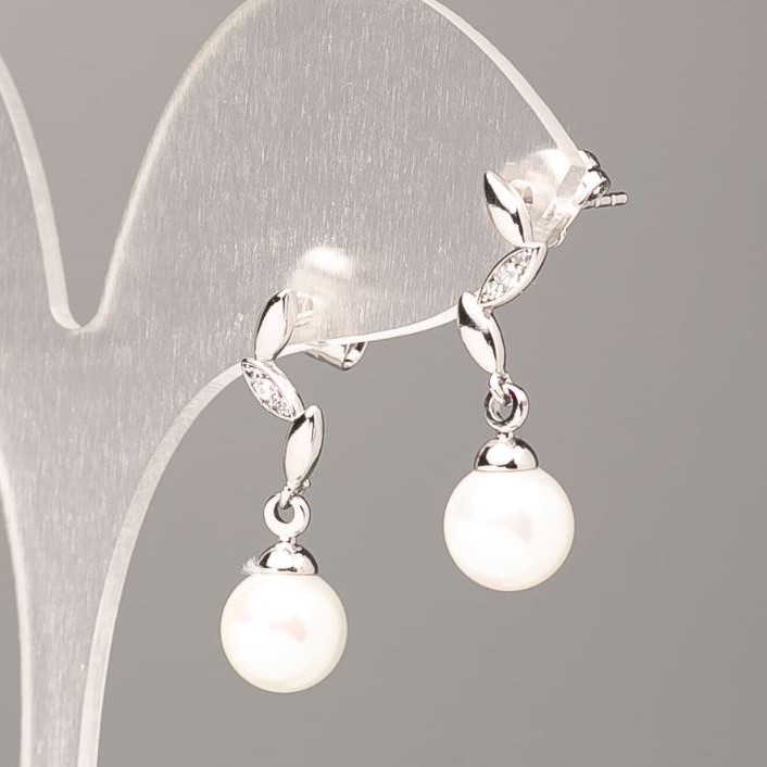 Xuping earrings with white Majorca pearl bead, 8mm, rhodium-plated