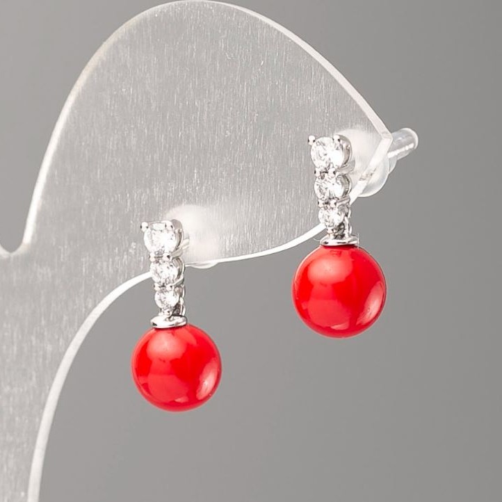 Xuping Earrings with Red 'Majorca' Pearls and White Crystals, 8 mm Diameter 'Rhodium'