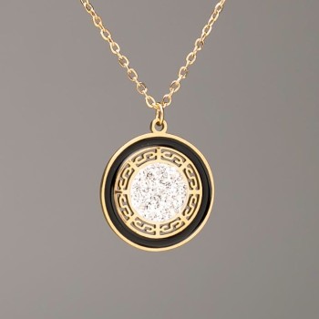 Chain with Lemon Gold Plating and Pendant, Xuping, 18mm Diameter +/- (Black Enamel, White Crystals), Length 46-52 cm +/-, Thickness 1.5 mm