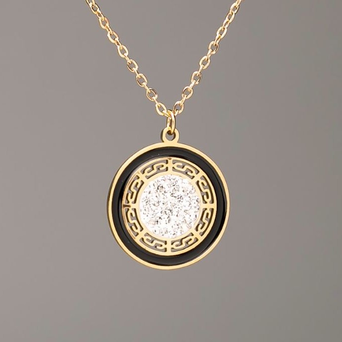 Chain with Lemon Gold Plating and Pendant, Xuping, 18mm Diameter +/- (Black Enamel, White Crystals), Length 46-52 cm +/-, Thickness 1.5 mm