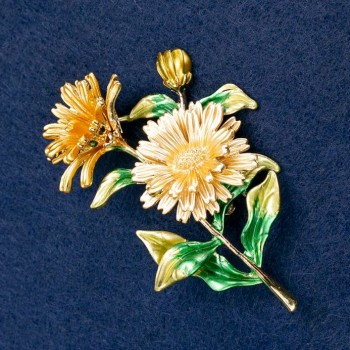 Brooch-pendant Daisy Flowers enamel, golden metal 63x50mm