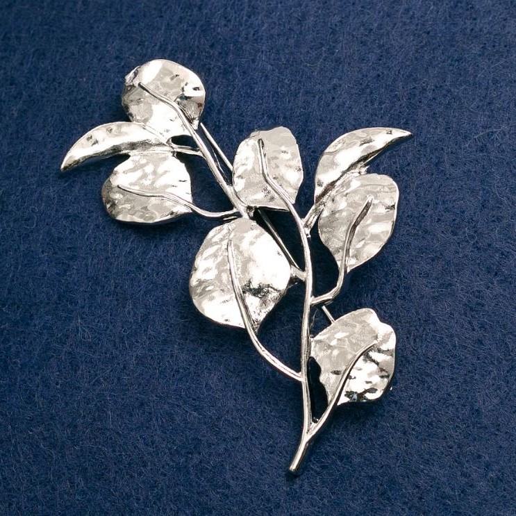 Brooch 'Twig with Leaves', silver metal 62×40 mm