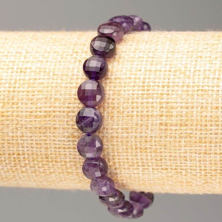 Bracelet with natural amethyst, faceted coin beads, diameter 8x5 mm, length 18 cm, on elastic