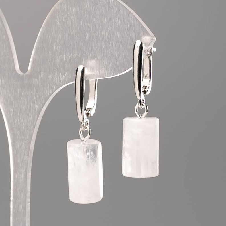 Earrings with natural stone Rock Crystal, faceted cylinder, diameter 16x10 mm+