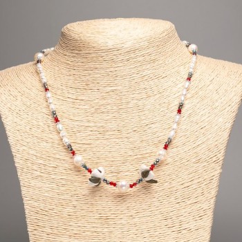 Necklace of natural river pearls, Czech crystal, and polymer clay, length 48 cm