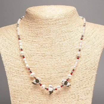 Necklace of natural freshwater pearls, Czech crystal, and polymer clay, 50 cm long