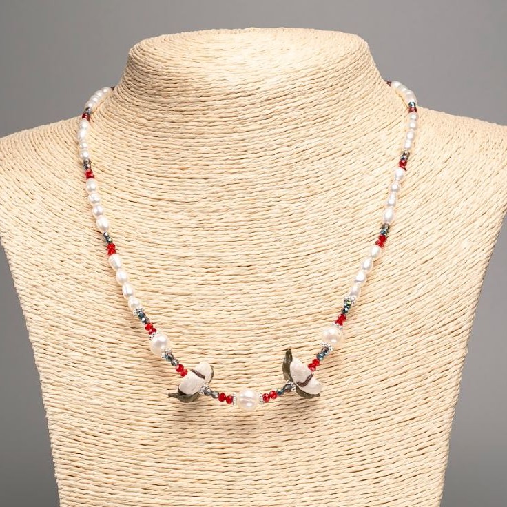 Necklace made of natural freshwater pearls, Czech crystal, and polymer clay, length 49 cm
