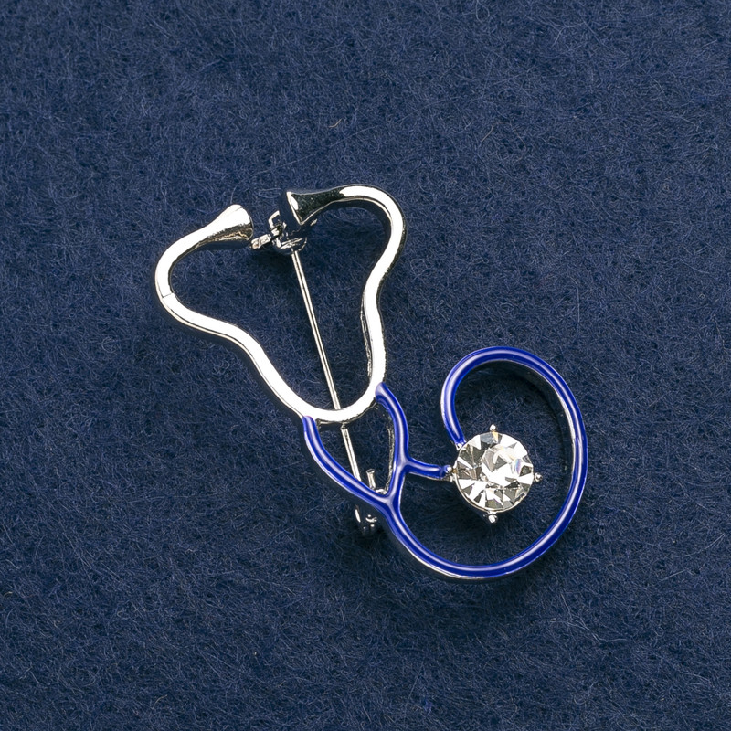 Brooch Stethoscope blue enamel, with white stone, silver metal 44x25 mm