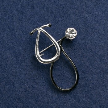 Brooch 'Stethoscope' enamel black with white stone, silver metal 44×29 mm