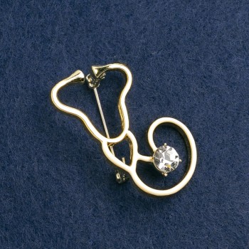 Brooch Stethoscope White Enamel with White Stone, Golden Metal 42x25mm