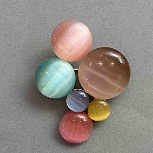 Accent Brooch, Cat's Eye Stone, Multicolored, Silver Metal 45×35mm