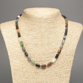 Beaded Necklace 'Assortment' of Natural Stone, Smooth Cylindrical Beads, diameter 10x6 mm +-, length 48 cm +-