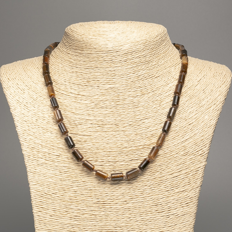 Tiger's Eye Necklace, natural stone, smooth cylindrical beads, diameter 10x6 mm, length 49 cm