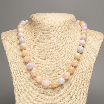 Discount! Morganite Necklace with smooth beads, 12 mm diameter, 50 cm long, made of white nephrite (synthetic dyed)
