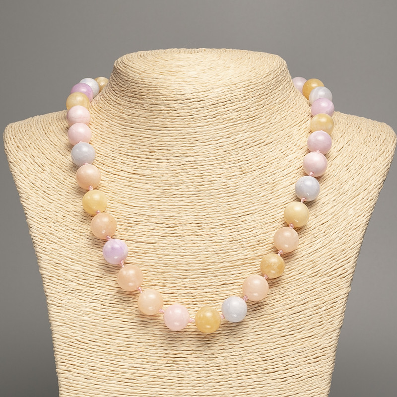 Discount! Morganite Necklace with smooth beads, 12 mm diameter, 50 cm long, made of white nephrite (synthetic dyed)