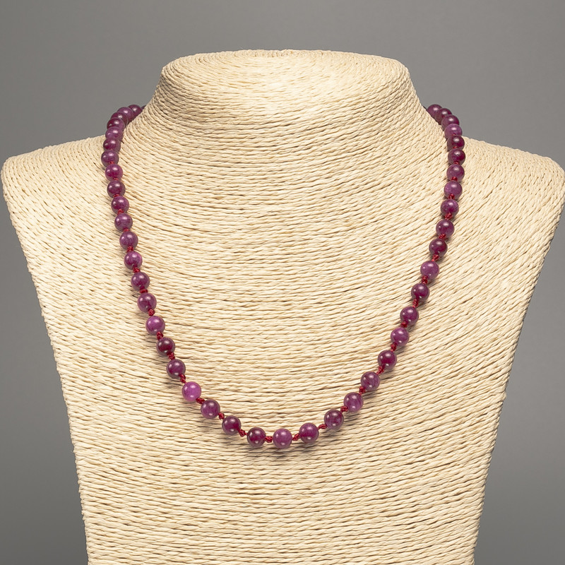 Discount! Burgundy "Tourmaline" Necklace with smooth beads, 6 mm diameter, length about 50 cm, made from white nephrite (synthetic dyed)