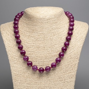 Discount! Burgundy Tourmaline Necklace with Smooth Beads, 10 mm Diameter, 50 cm Length, Made of White Nephrite Stone (Synthetic Dyed)