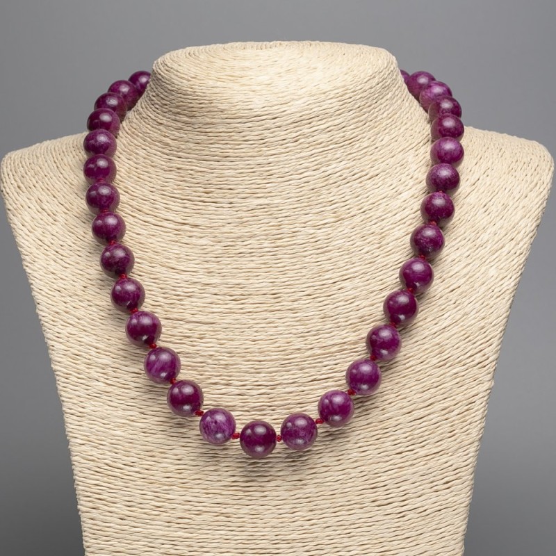 Discount! Burgundy Tourmaline Necklace with Smooth Beads, 10 mm Diameter, 50 cm Length, Made of White Nephrite Stone (Synthetic Dyed)