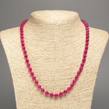Discount! Necklace 'Raspberry Tourmaline' with a smooth bead, 6 mm diameter, length 50 cm, from white nephrite stone (synthetic dyed)