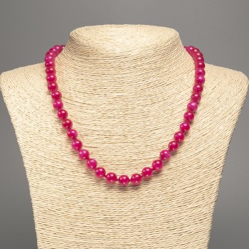 Discount! Raspberry Tourmaline Necklace, smooth beads, 8 mm diameter ±, length 50 cm ±, made of white nephrite (synthetic dyed)