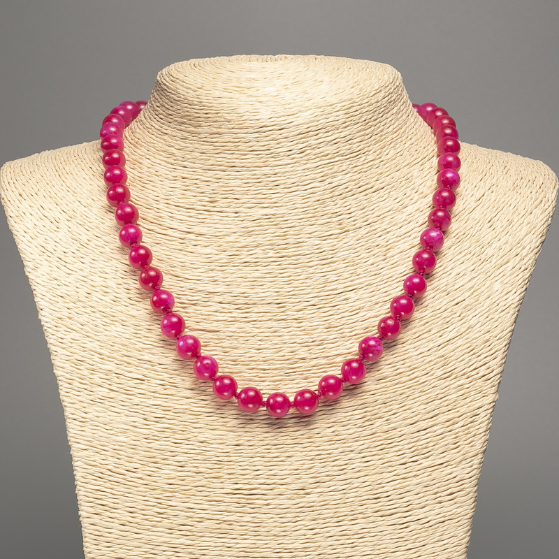 Discount! Raspberry Tourmaline Necklace, smooth beads, 8 mm diameter ±, length 50 cm ±, made of white nephrite (synthetic dyed)
