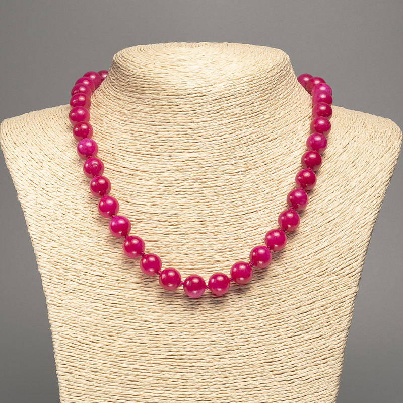 Discount! Raspberry Tourmaline Necklace smooth bead, 10 mm diameter, 50 cm length, made of white nephrite (synthetic dye)