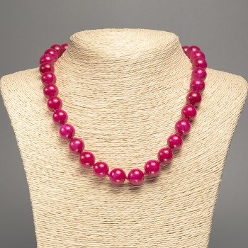 Discount! Raspberry Tourmaline Necklace with smooth beads, 12 mm diameter, 50 cm length, made from synthetic white nephrite stone (synthetic coloring)