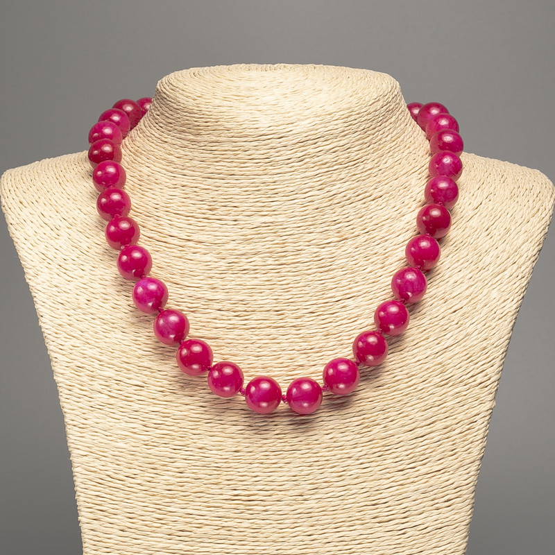 Discount! Raspberry Tourmaline Necklace with smooth beads, 12 mm diameter, 50 cm length, made from synthetic white nephrite stone (synthetic coloring)