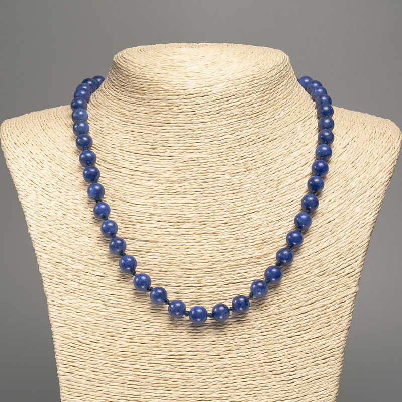 Discount! Blue 'Azurite' Necklace with a Smooth Bead, 8 mm diameter ±, 50 cm length ±, from White Nephrite (synthetic coloring)