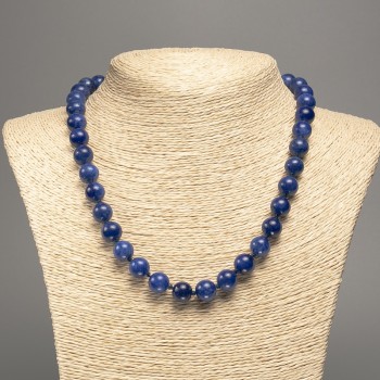 Discount! Blue Azurite Necklace with smooth beads, 10mm diameter, 50 cm length, made of white nephrite (synthetic dyed)