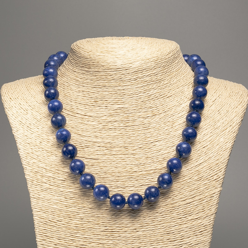 Sale! Blue Lazurite Necklace with a smooth bead, 12mm diameter +/-, 50cm length +/-, made from white nephrite stone (synthetically dyed)