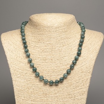 Sale! Necklace 'Seraphinite' viridian-denim color, smooth beads, 8 mm diameter, 50 cm length, made from white nephrite stone (synthetic dye)