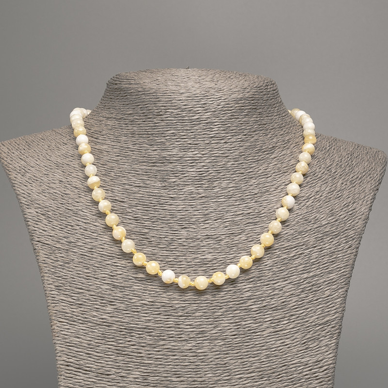 Discount! Yellow and white Necklace 'Celestite' smooth beads, 6 mm diameter ±, length 50 cm ±, made from white nephrite stone (synthetic dyed)