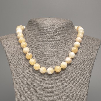 Sale! Yellow-white 'Selenite' smooth-bead necklace, diameter 12 mm ±, length 50 cm ±, with white nephrite stone (synthetic dye)