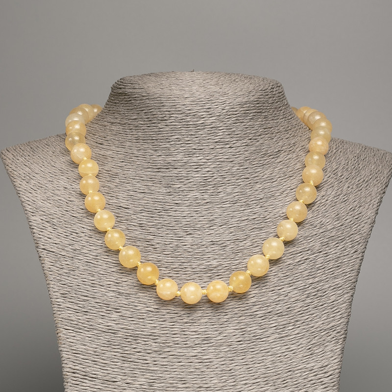 Discount! Pale-yellow necklace 'Selenite' smooth beads, 8 mm diameter ±, length 50 cm ±, made from white nephrite stone (synthetic dyed)
