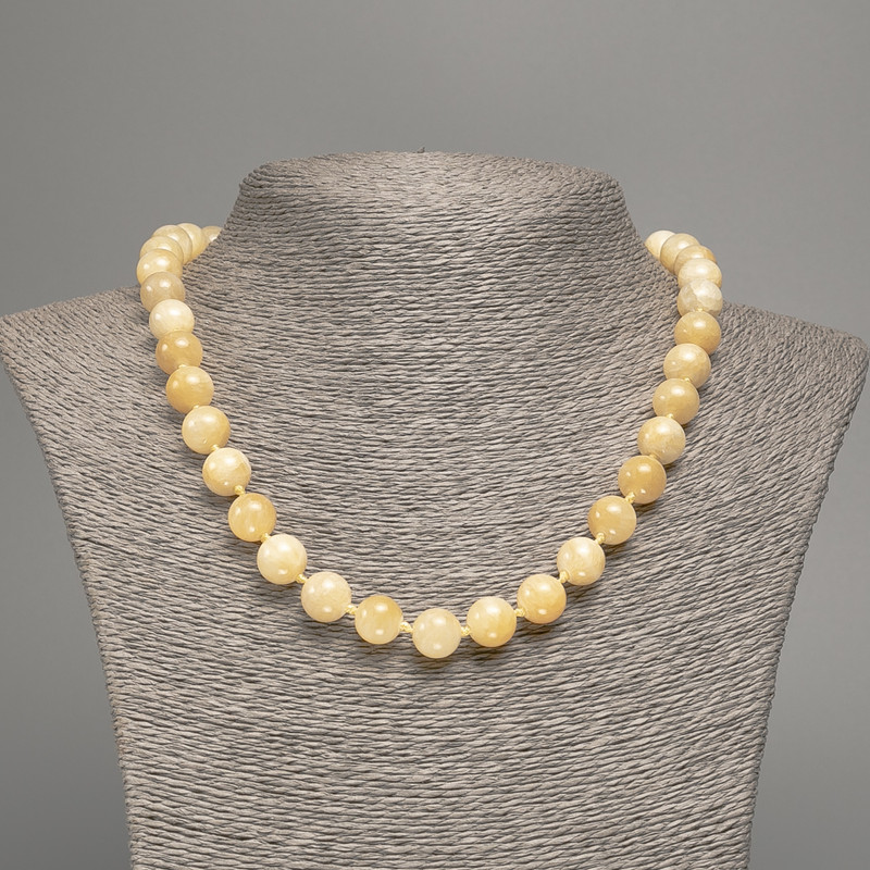 Discount! Pale-yellow necklace 'Selenite', smooth bead, diameter 10 mm, length 50 cm ±, made from white nephrite stone (synthetic-dyed)