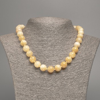 Discount! Pale-yellow 'Selenite' Necklace with Smooth Beads, 12 mm Diameter, 50 cm Length, Made from White Nephrite Stone (Synthetic-Dyed).