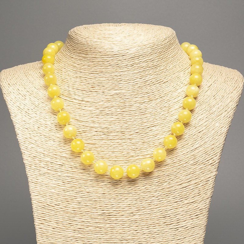 Discount! Lemon-yellow Citrine necklace with smooth beads, 10 mm diameter ±, length 50 cm ±, made of white nephrite (synthetically dyed)