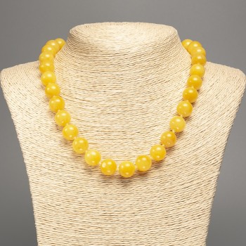 Discount! Sunny yellow Citrine necklace with smooth beads, 12 mm diameter, 50 cm length, made of white nephrite (synthetic dyed)