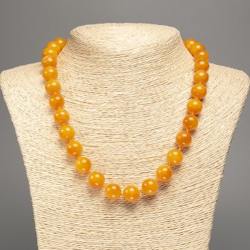 Sale! Amber Necklace with Smooth Beads, 12 mm Diameter, Approximately 50 cm Long, White Nephrite (Synthetic Dyed)