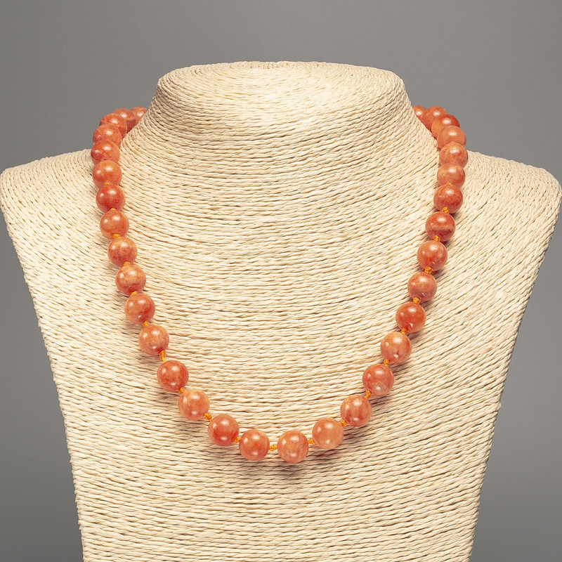 Discount! Bead Necklace 'Orange Coral' smooth beads, diameter 10mm±, length 50cm±, made from white nephrite (synthetically dyed)
