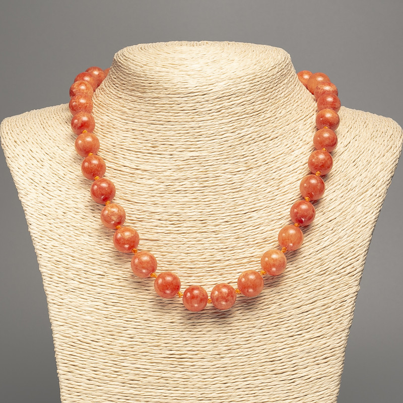Discount! Necklace 'Orange Coral' smooth beads, 12 mm diameter ±, 50 cm length ±, made of white nephrite stone (synthetic dyed)
