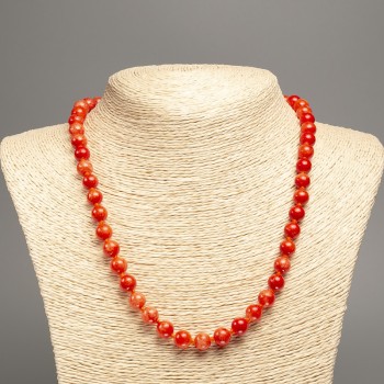 Discount! Necklace 'Red Coral' smooth beads, 8 mm diameter ±, length 50 cm ±, made of white nephrite (synthetic dyed)