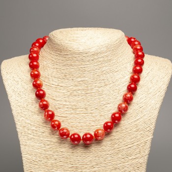 Discount! Necklace 'Red Coral' smooth beads, 12 mm diameter ±, length 50 cm ±, made of white nephrite (synthetic dyed)