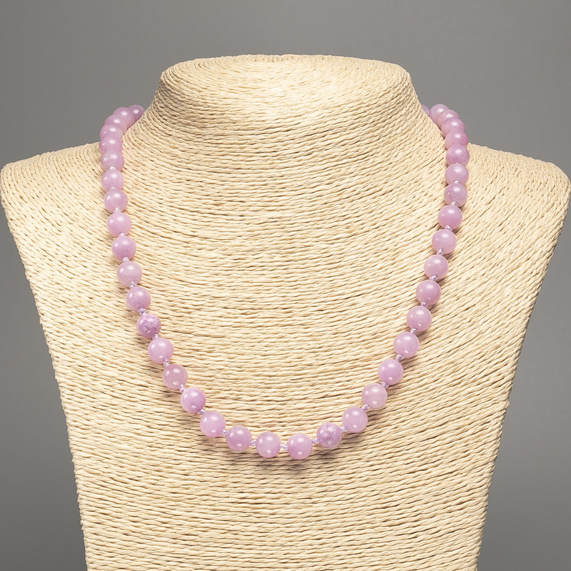 Discount! Purple Kunzite necklace with smooth beads, 8 mm in diameter, about 50 cm long, made from white nephrite stone (synthetically dyed)