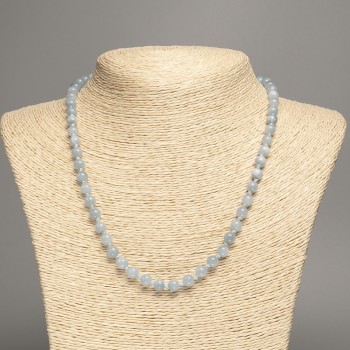 Sale! Gray-blue 'Aquamarine' smooth bead necklace, 6 mm diameter, 50 cm length, made of white nephrite (synthetic dyed)